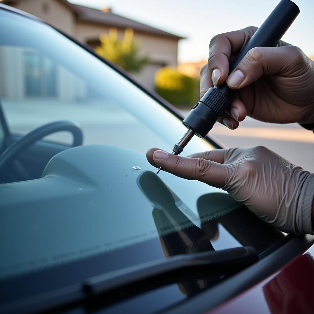 Auto glass repair technician repairing a chip on a windshield in Gilbert, AZ