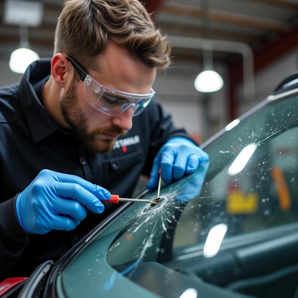 Auto Glass Repair Knoxville Review: Technician examining a cracked windshield for repair