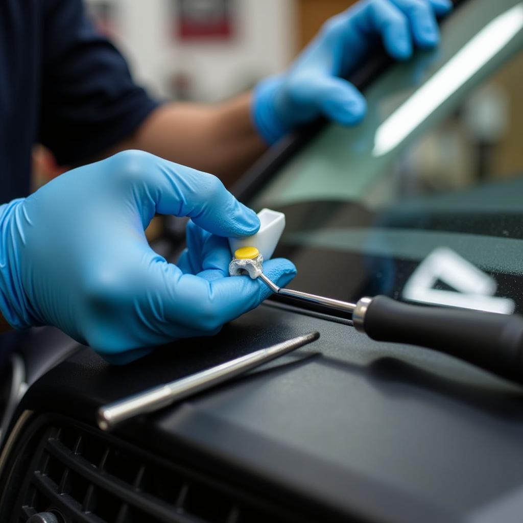 Technician repairing a windshield chip in New Haven County