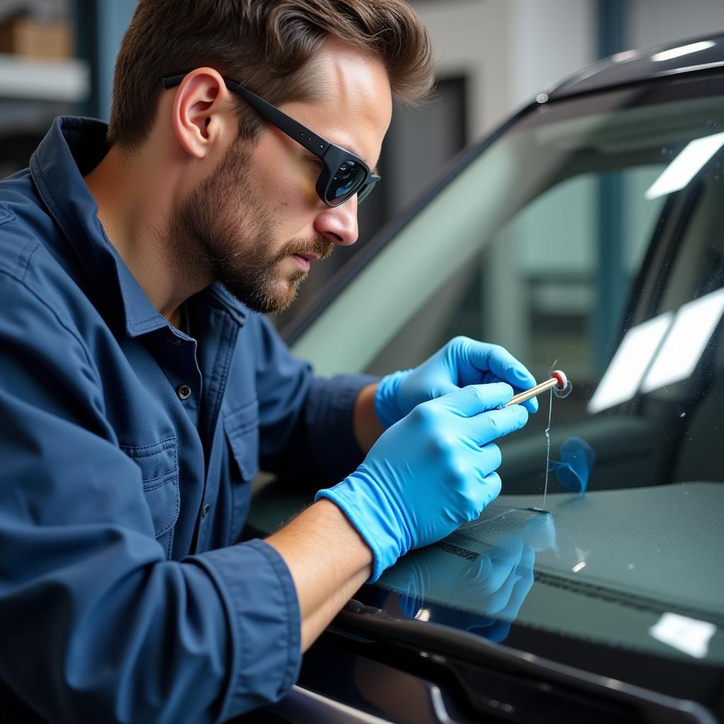 Experienced Auto Glass Repair Technician Applying Sealant