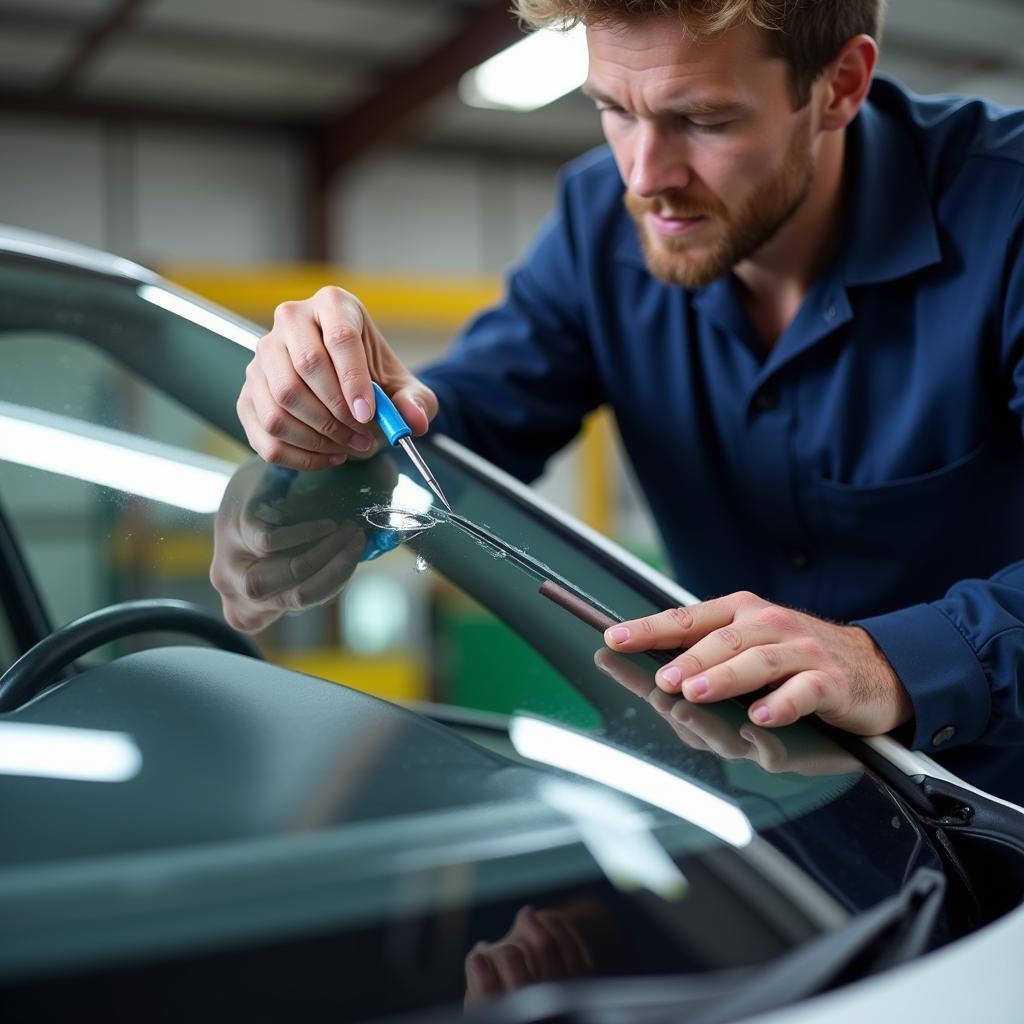 Auto glass repair technician filling a windshield chip with resin.