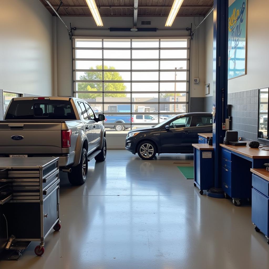 Interior view of a modern auto glass repair shop in Chandler, AZ, showing a clean and organized workspace with various tools and equipment for windshield repair and replacement.