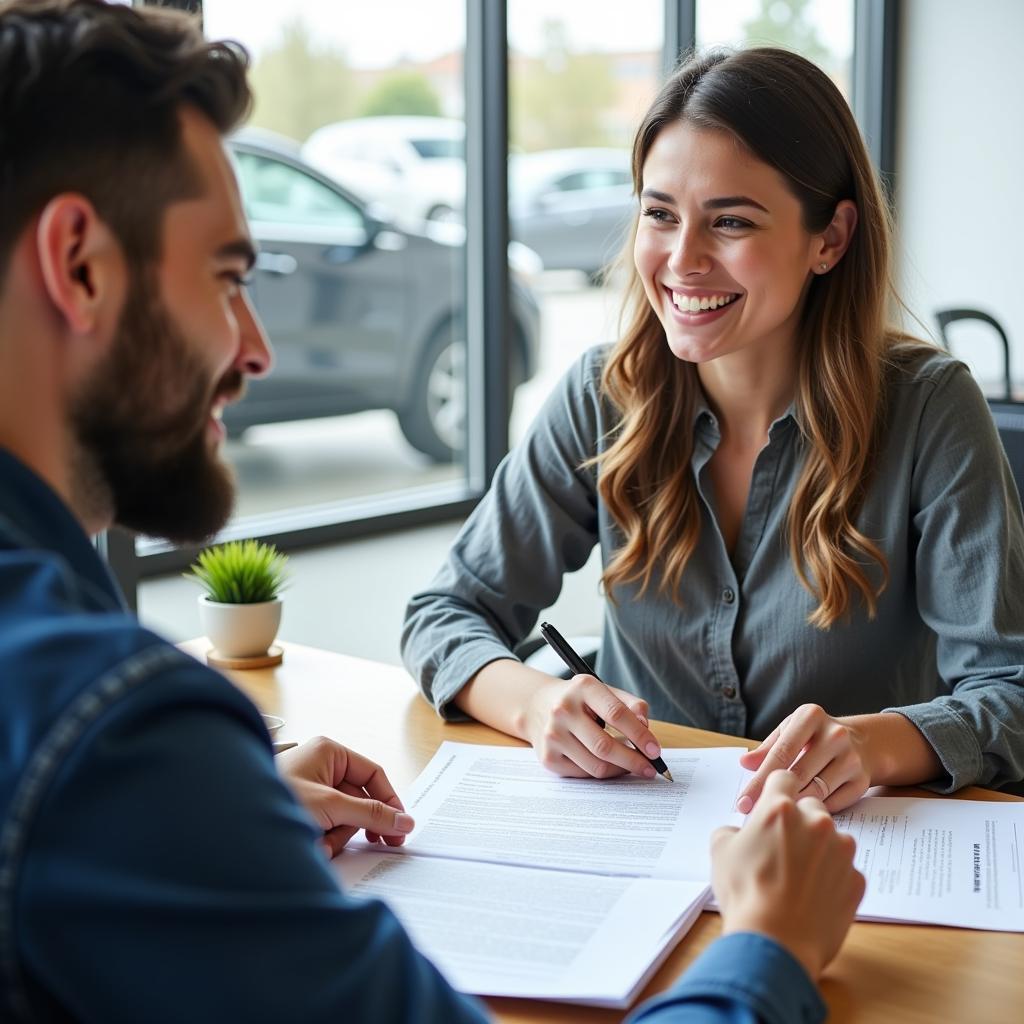 Image of a customer service representative assisting a client with their auto loan paperwork