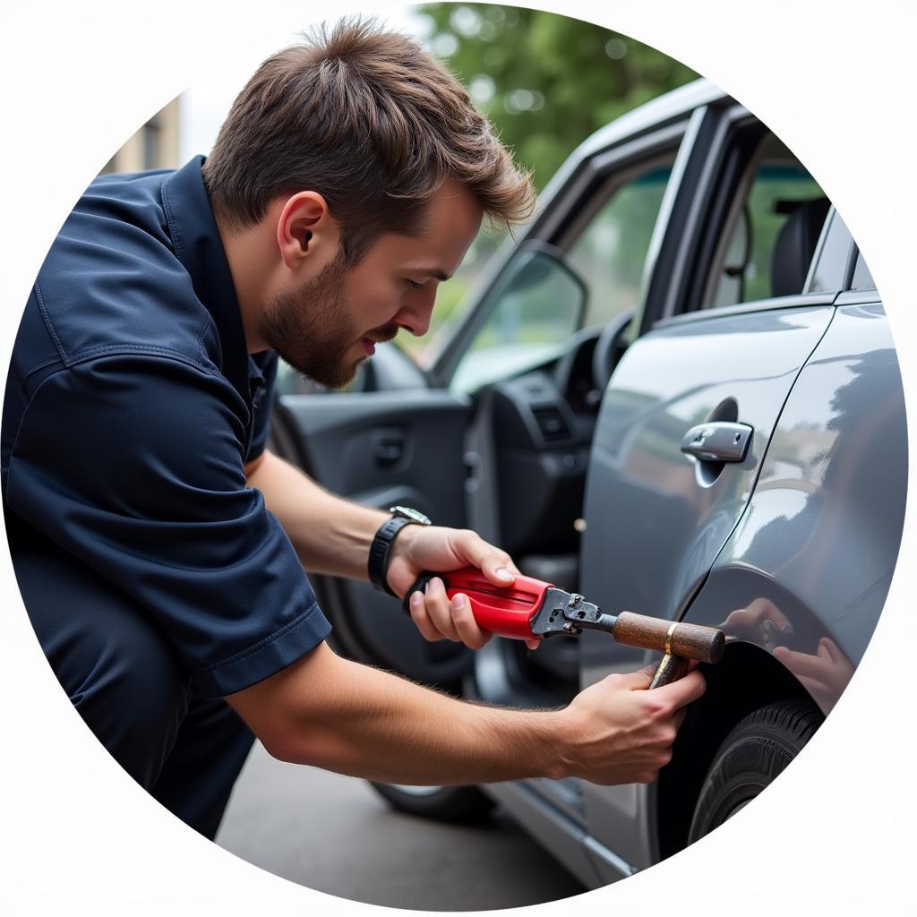 Technician using specialized tools to unlock a car door