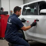 Auto Lockout Technician Unlocking a Car