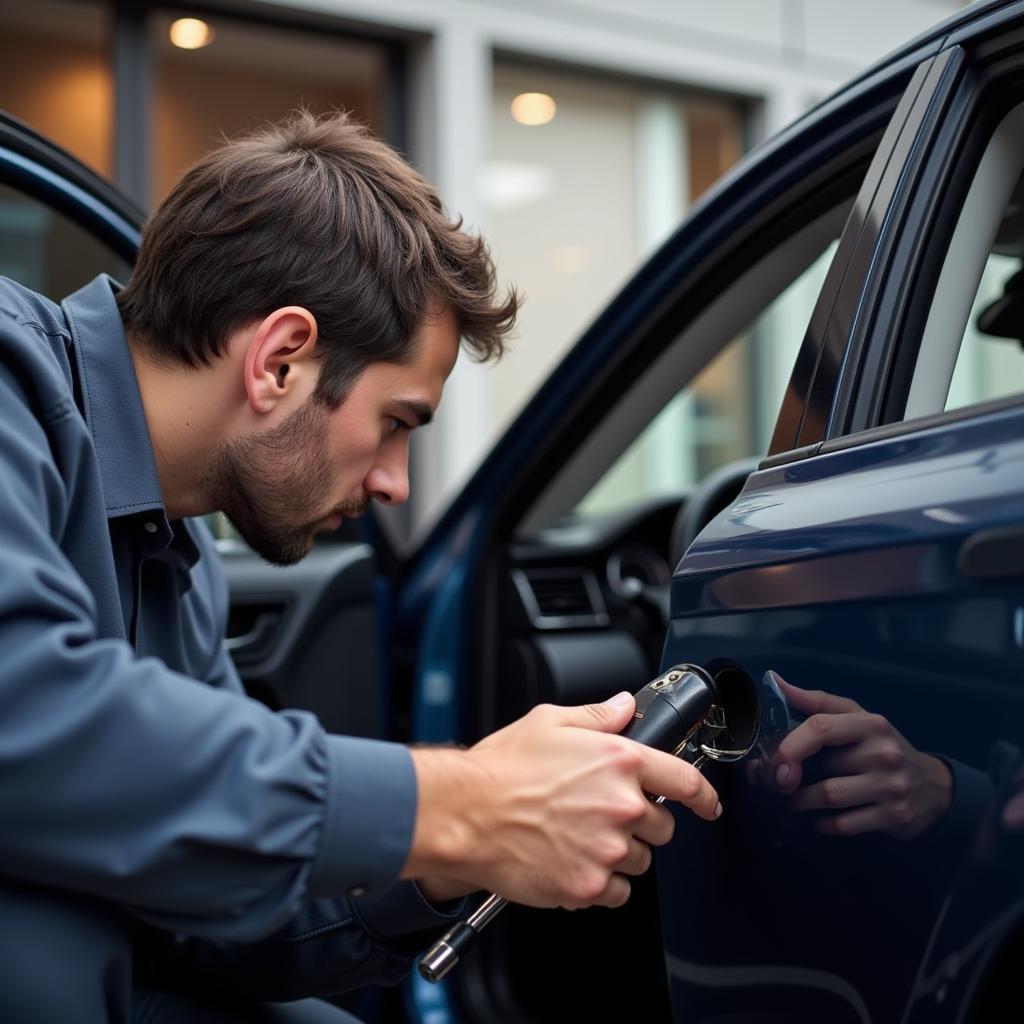 Auto locksmith skillfully opening a locked car door in Irvine