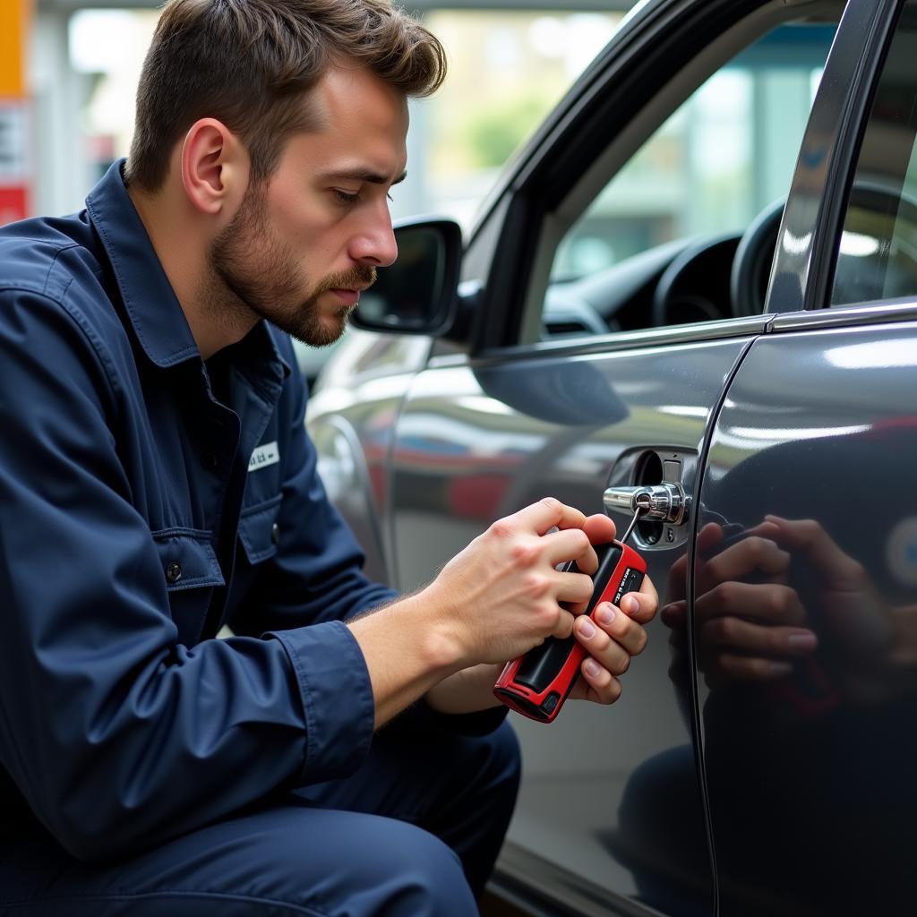 Auto locksmith skillfully working on a car door lock in Seattle.