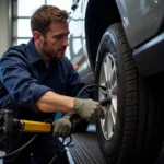 Technician Installing Tires at Auto Master Tire and Service Blacksburg