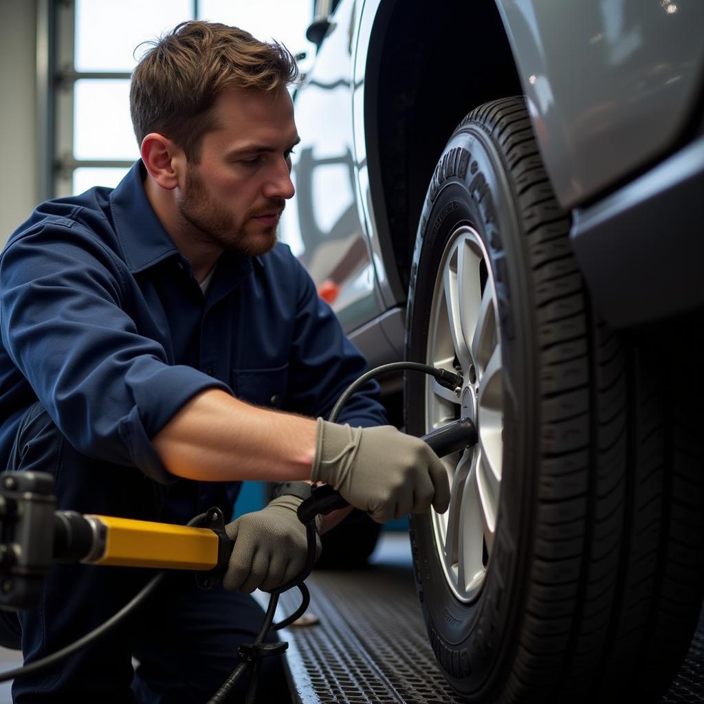 Technician Installing Tires at Auto Master Tire and Service Blacksburg