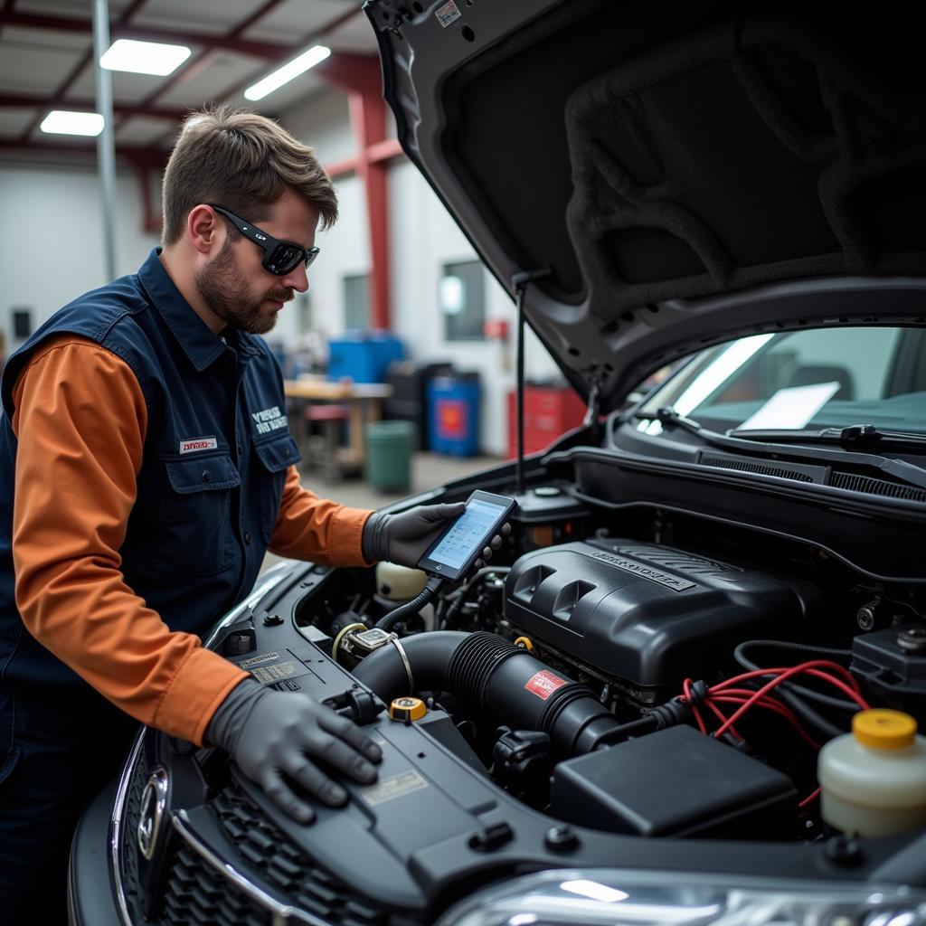 Auto Mechanic Performing Routine Check on a Car