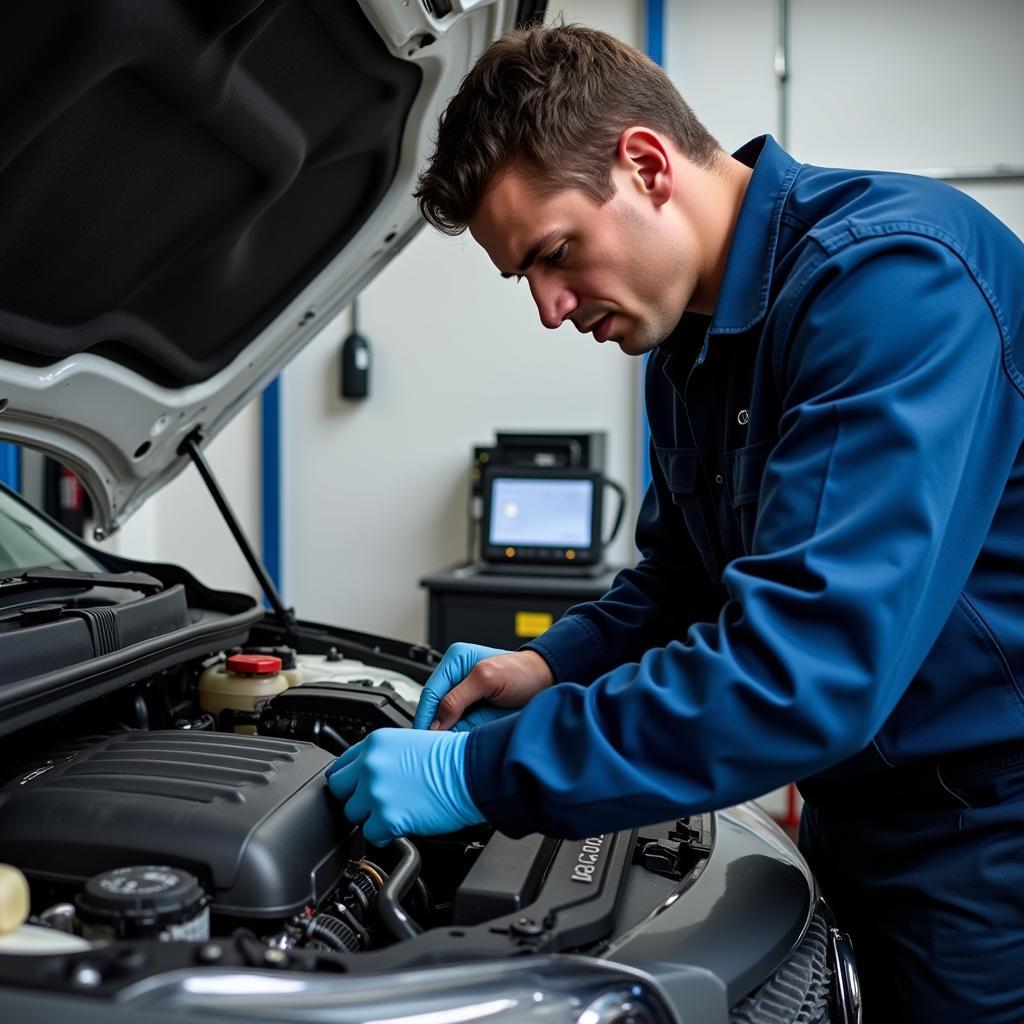 Auto Mechanic Working on Engine