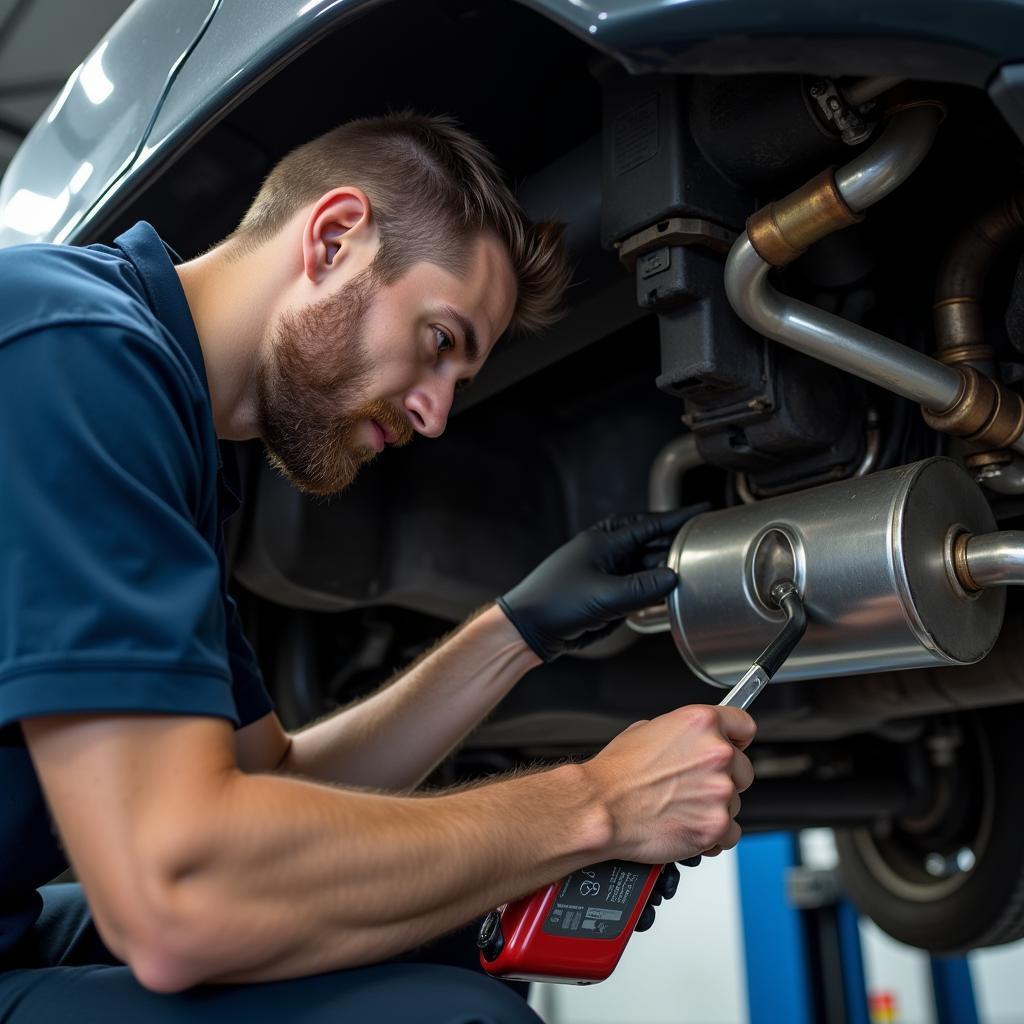 Experienced Auto Mechanic Performing Muffler Repair