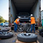 Auto parts being loaded onto a shipping truck at a loading dock