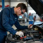 Auto parts service technician working on a car engine