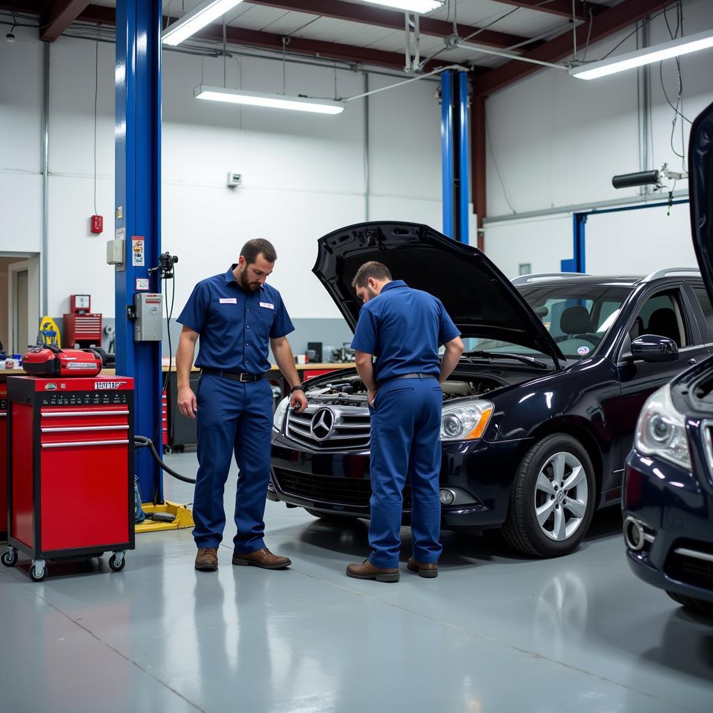 ASE Certified Technicians Working in a Clean and Organized Auto Pit Service Bay in Rogers, Arkansas