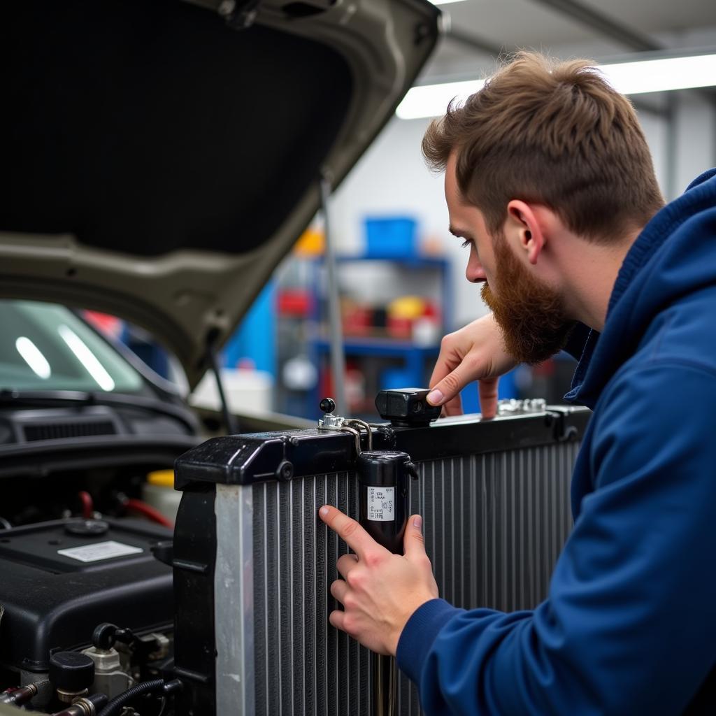 Mechanic inspecting a car radiator in Berlin, NJ