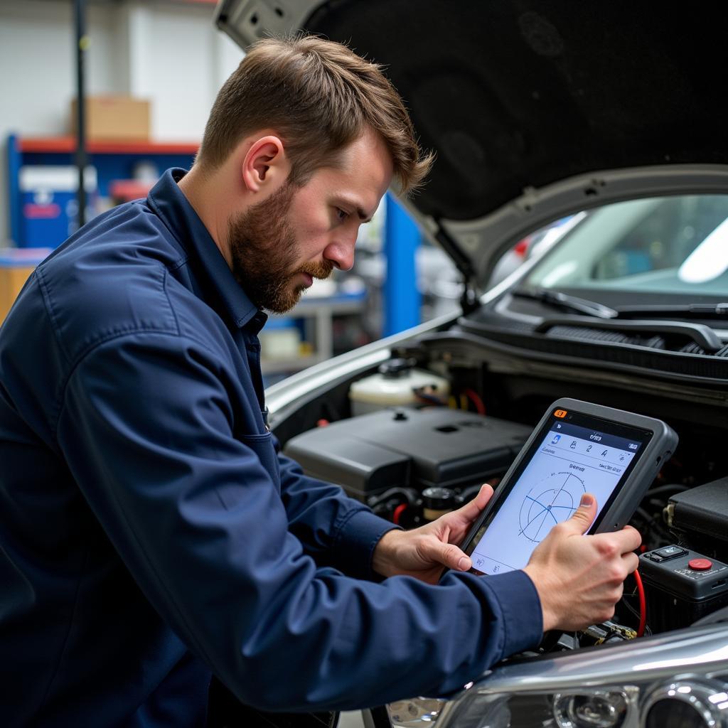 Modern diagnostic tools being used in a New York auto repair shop.