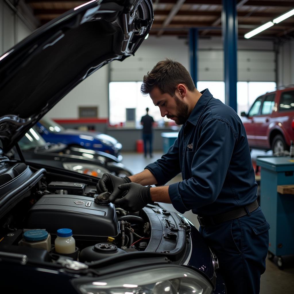 Mechanic working on a car in a San Marcos auto repair shop