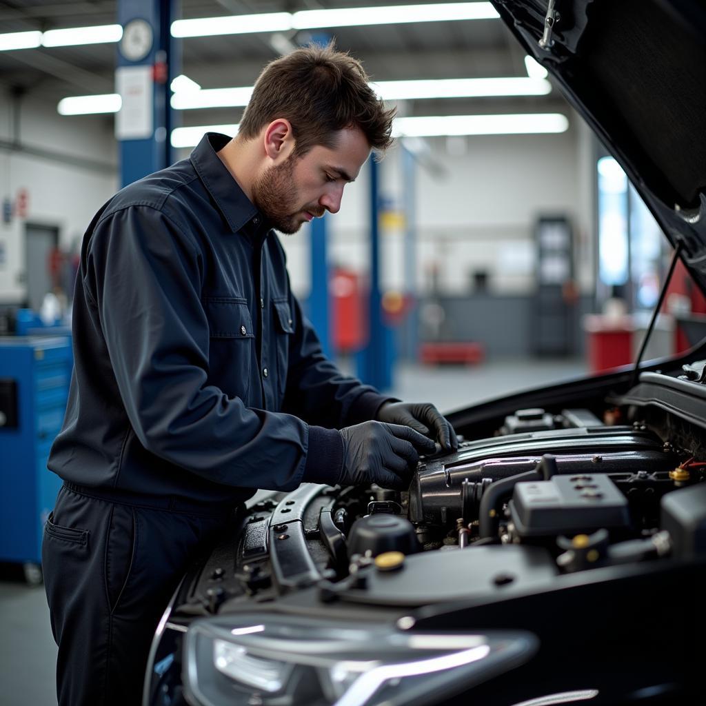 Auto Repair Services in Saratoga Springs: A mechanic working on a car engine in a modern, well-equipped auto repair shop in Saratoga Springs.