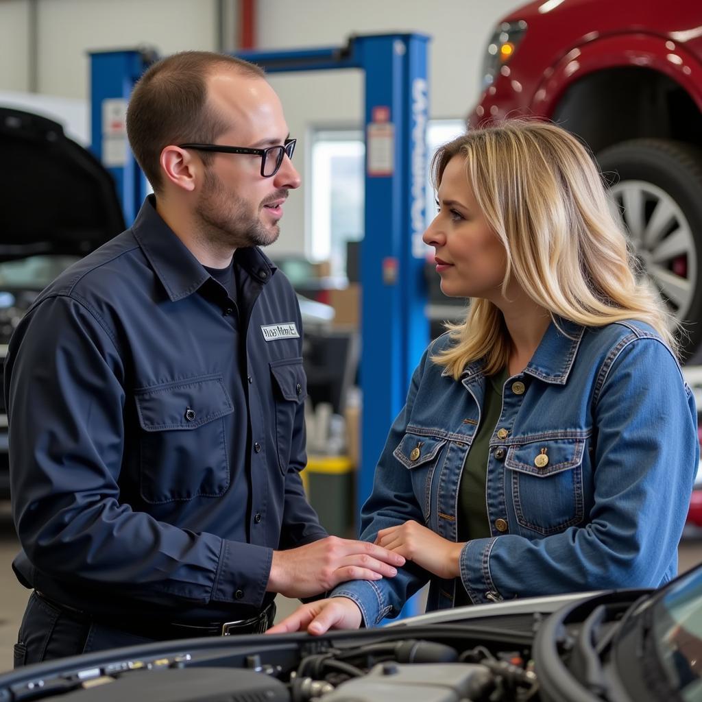 A customer talking to a mechanic at Ameri Benz Auto Services in Bladensburg MD, highlighting the shop's focus on customer service.