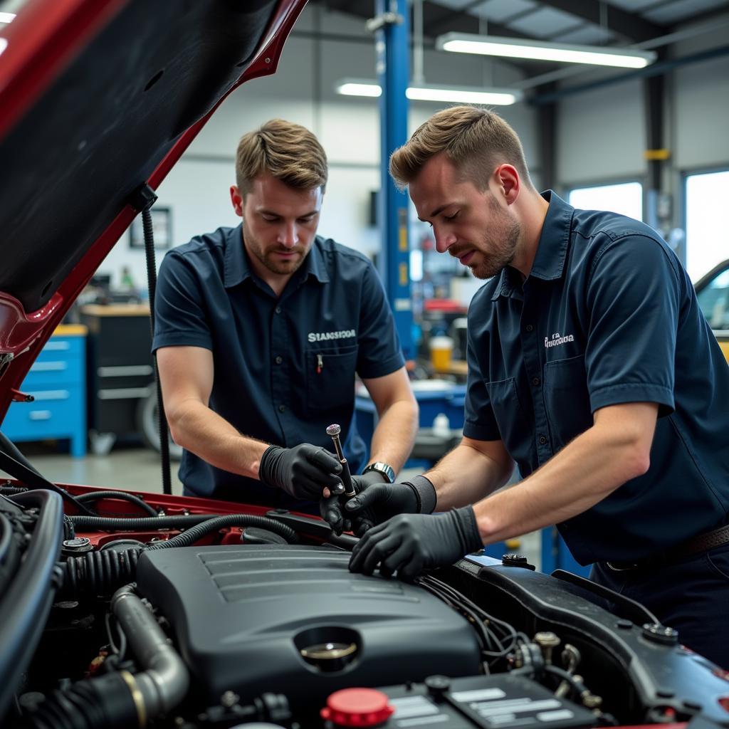 Mechanics Working on a Car in a Repair Shop