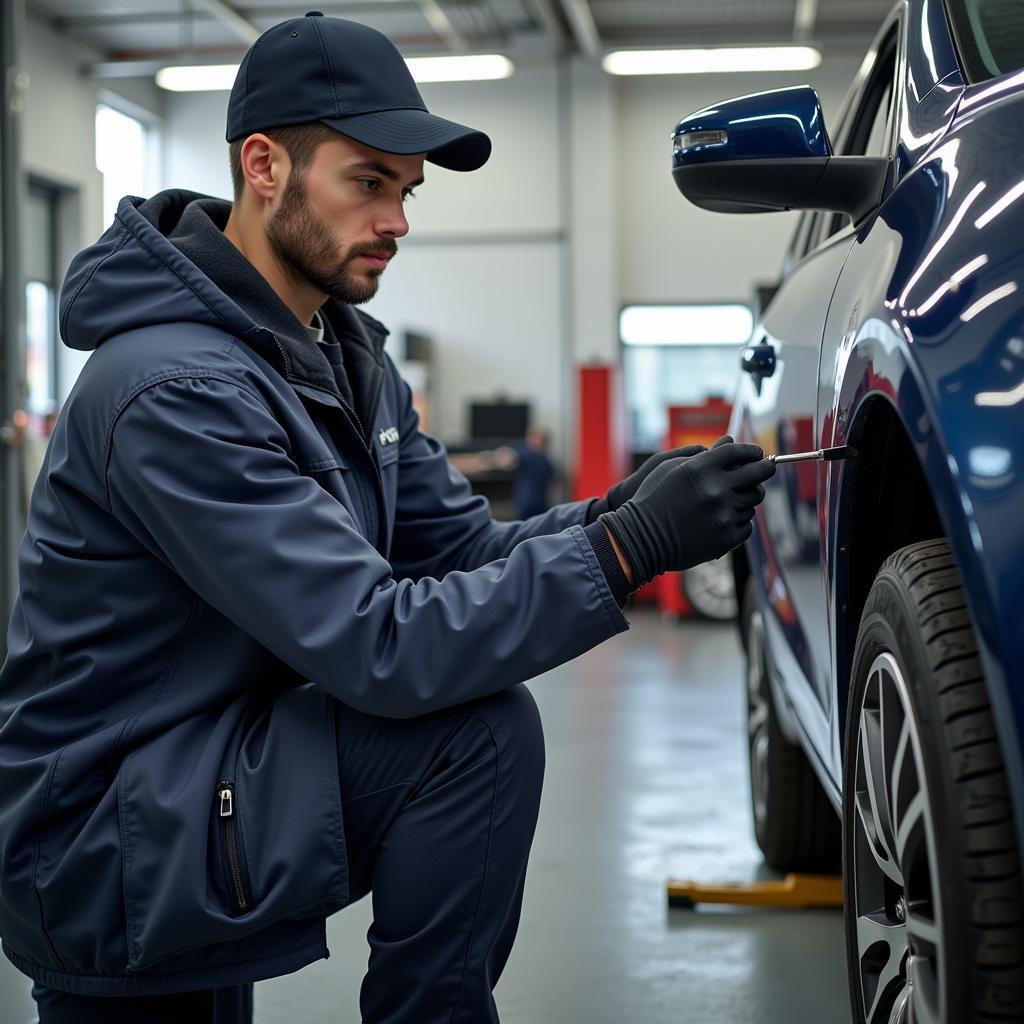 Mechanic working on a car in a repair shop near 8 Mile Road