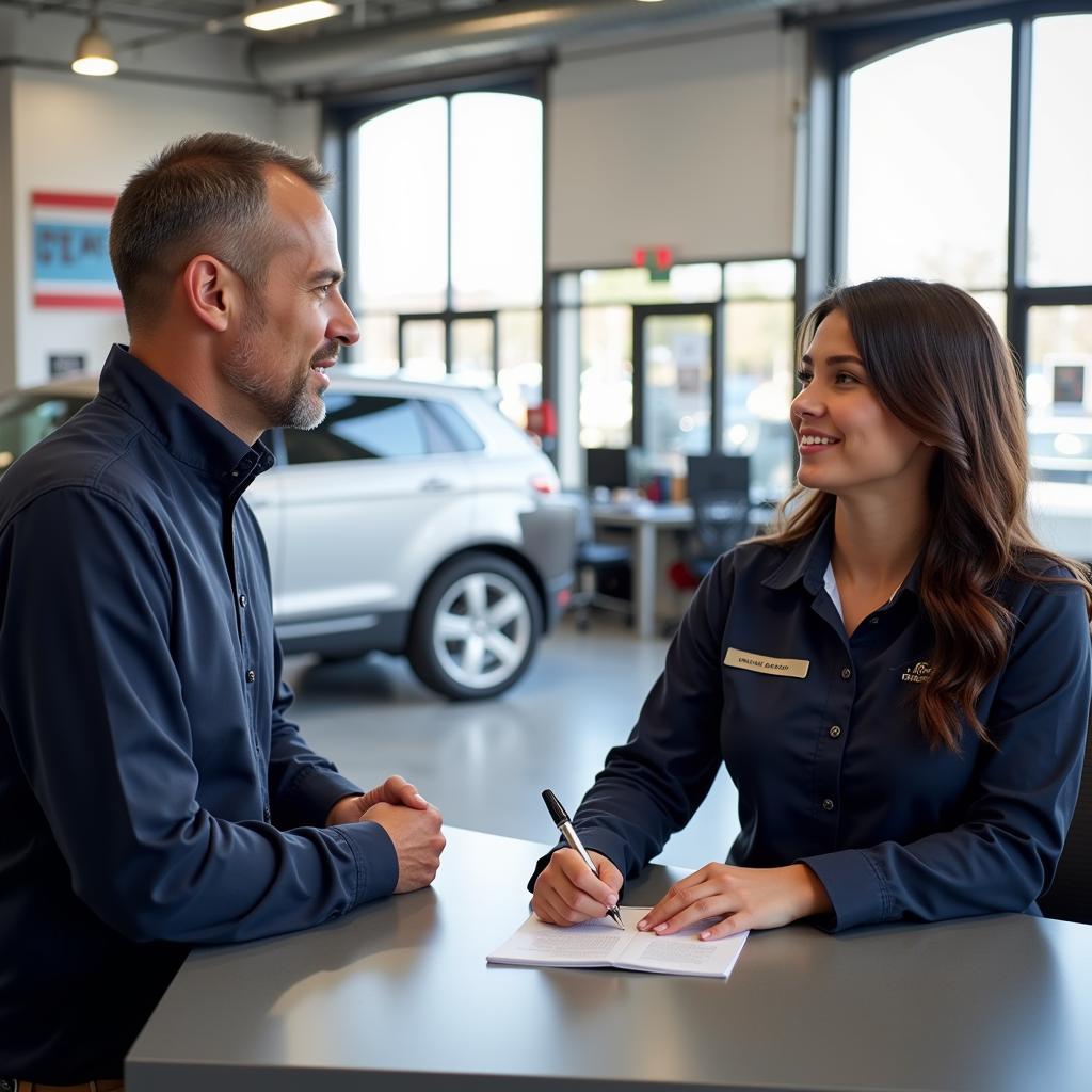 Customer speaking with a service advisor in a Newport auto repair shop