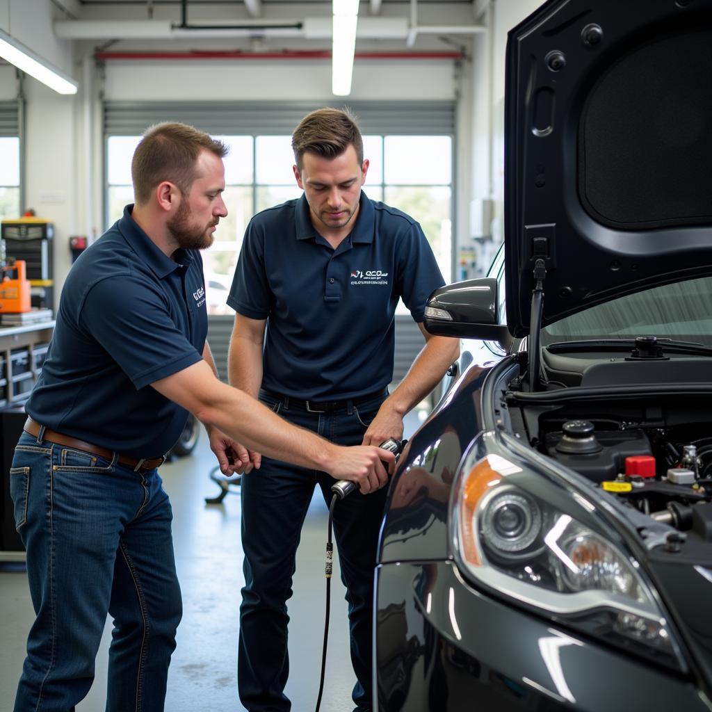 Certified Technicians Working in an Auto Repair Shop in West Des Moines