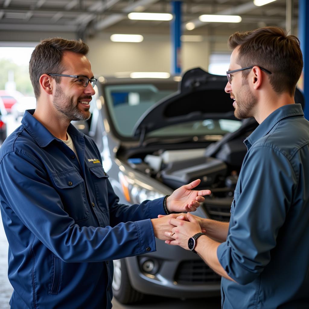 Friendly auto repair advisor discussing car repair with customer