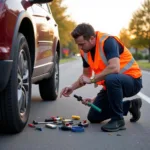 Changing a Flat Tire on the Roadside in Rogers