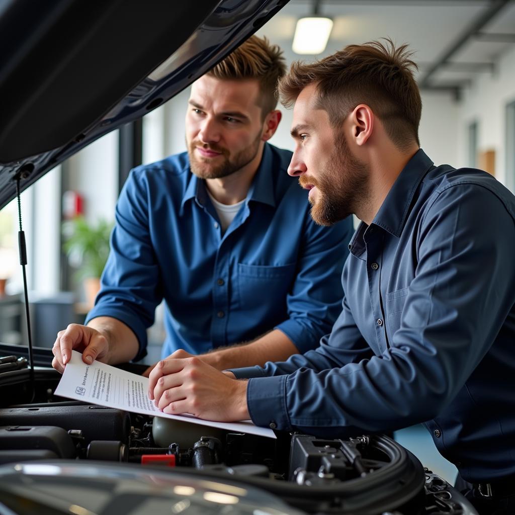 Mechanic Discussing Repairs with Customer at Auto Sales Service Center