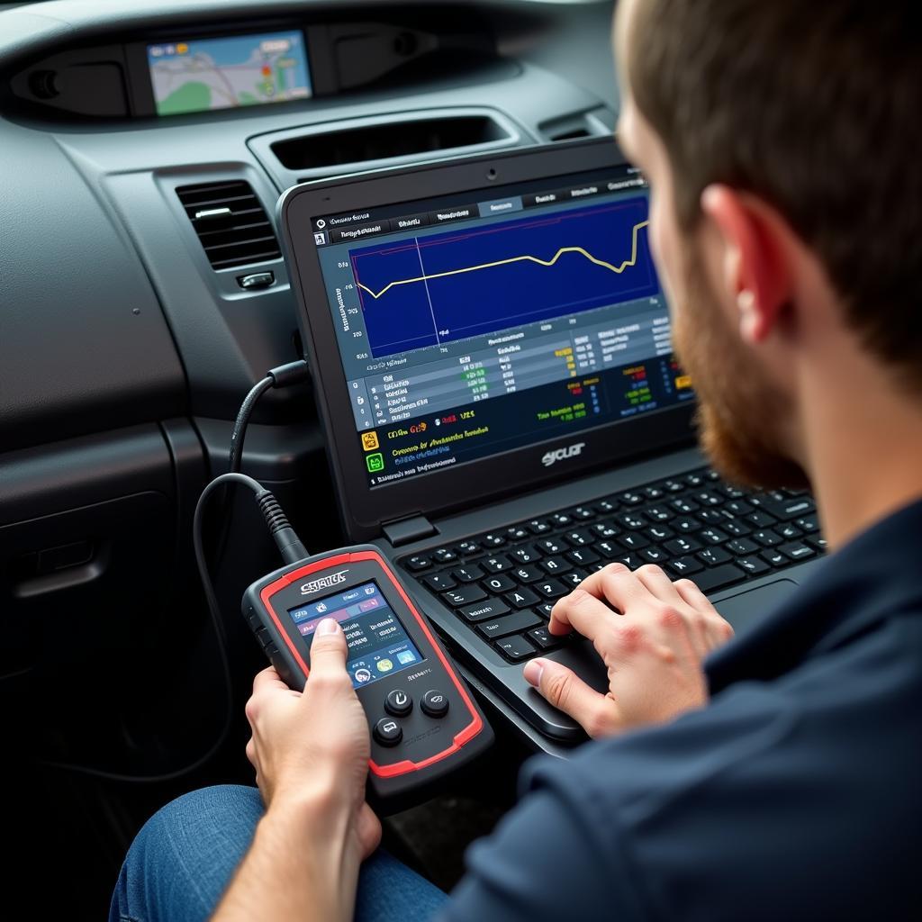 Auto Scott Services Technician Using SCID Steer Diagnostic Tool