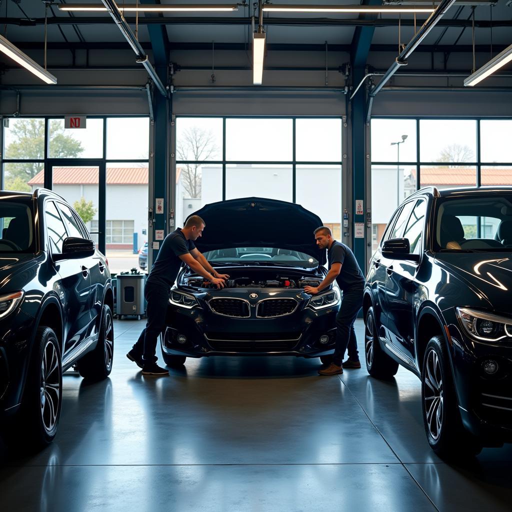 Mechanics Working on a Car in a Modern Auto Repair Shop