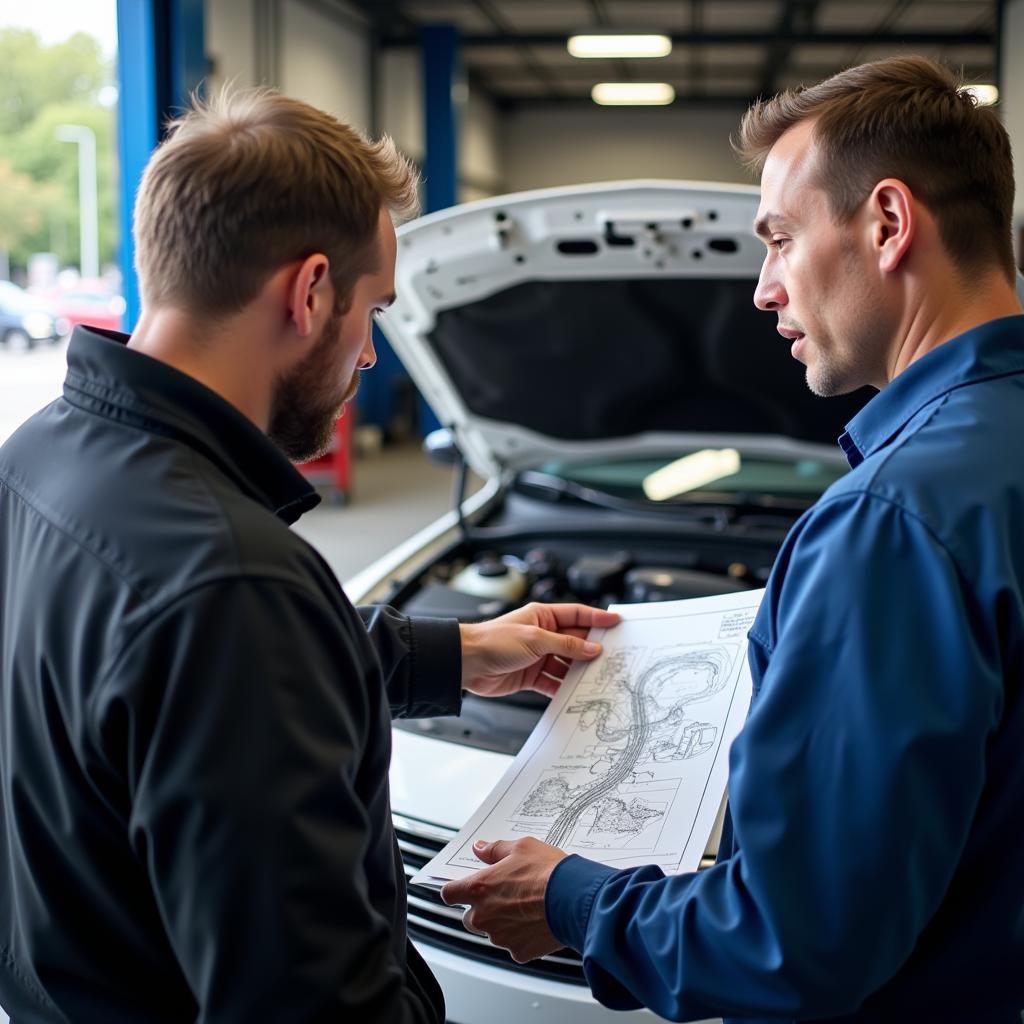 Mechanic Explaining Car Repair to Customer in 01104