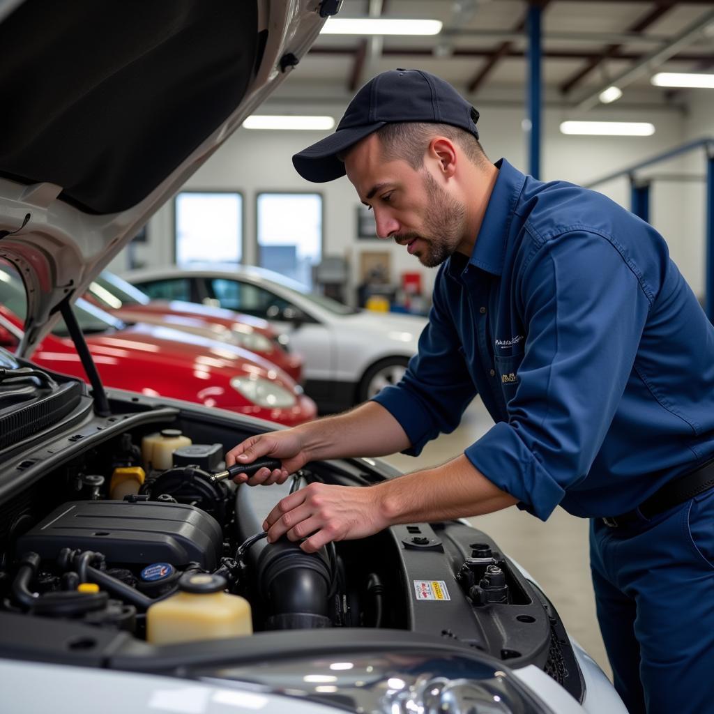 Mechanic working on a car in an auto service shop in Barnesville, GA