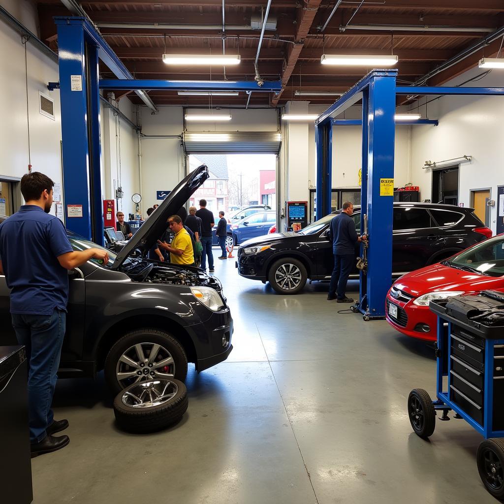 Boston auto service and tire shop - A busy auto repair shop with mechanics working on vehicles and tires.