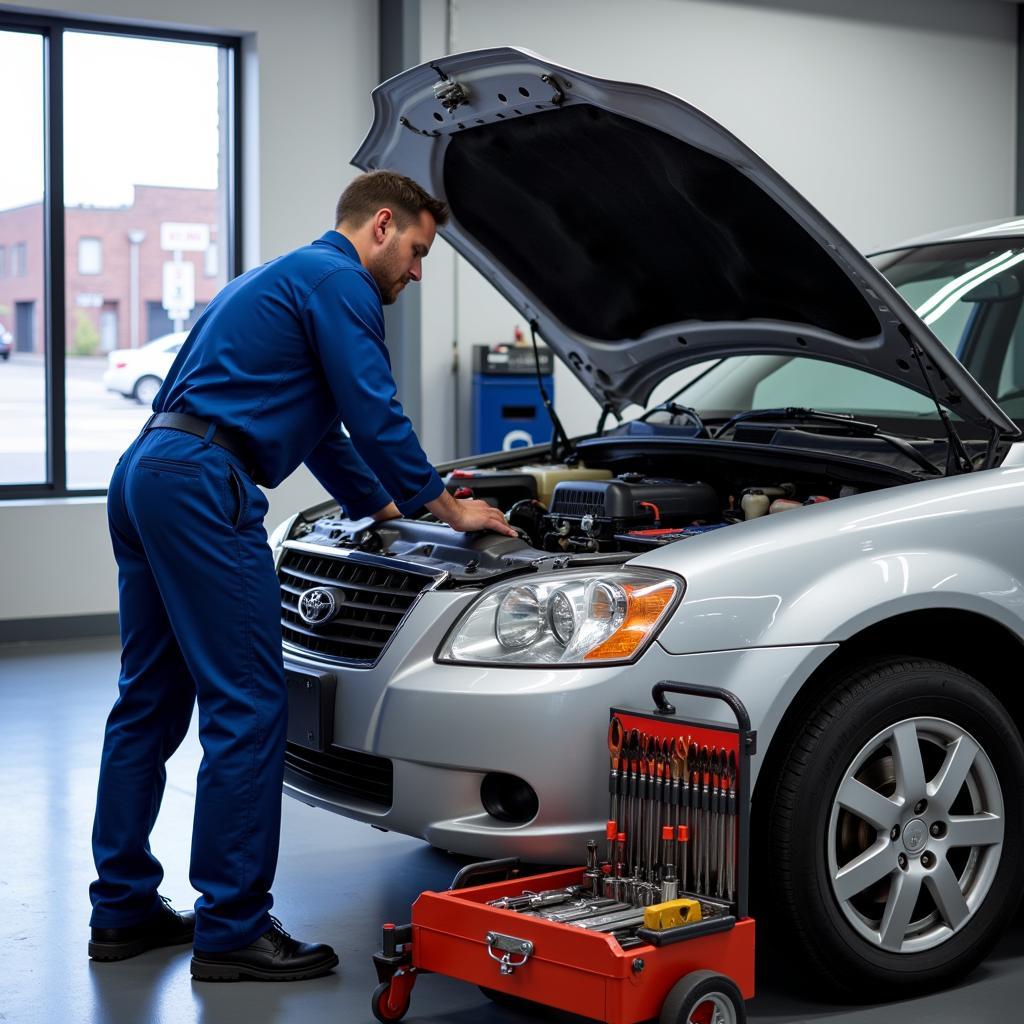 Mechanic working on a car in an auto service shop on Buffalo Rd