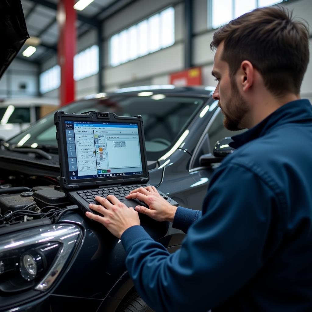 Modern diagnostic equipment being used by a technician in an auto service center.