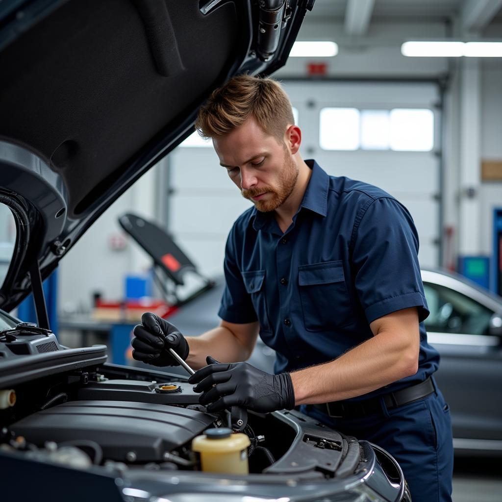 Experienced mechanic working on a car engine in a Dresden auto service center