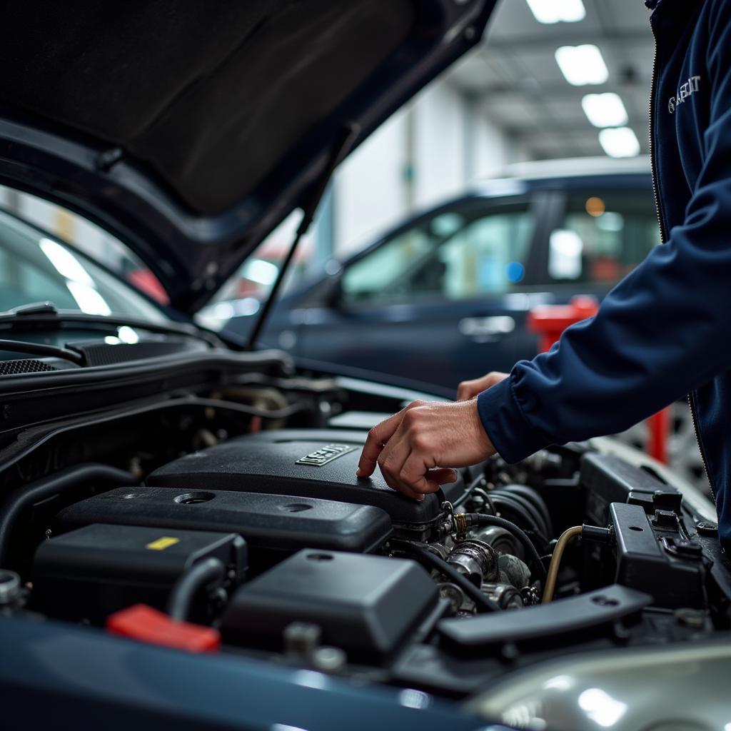 Mechanic working on a car engine in a modern auto service center