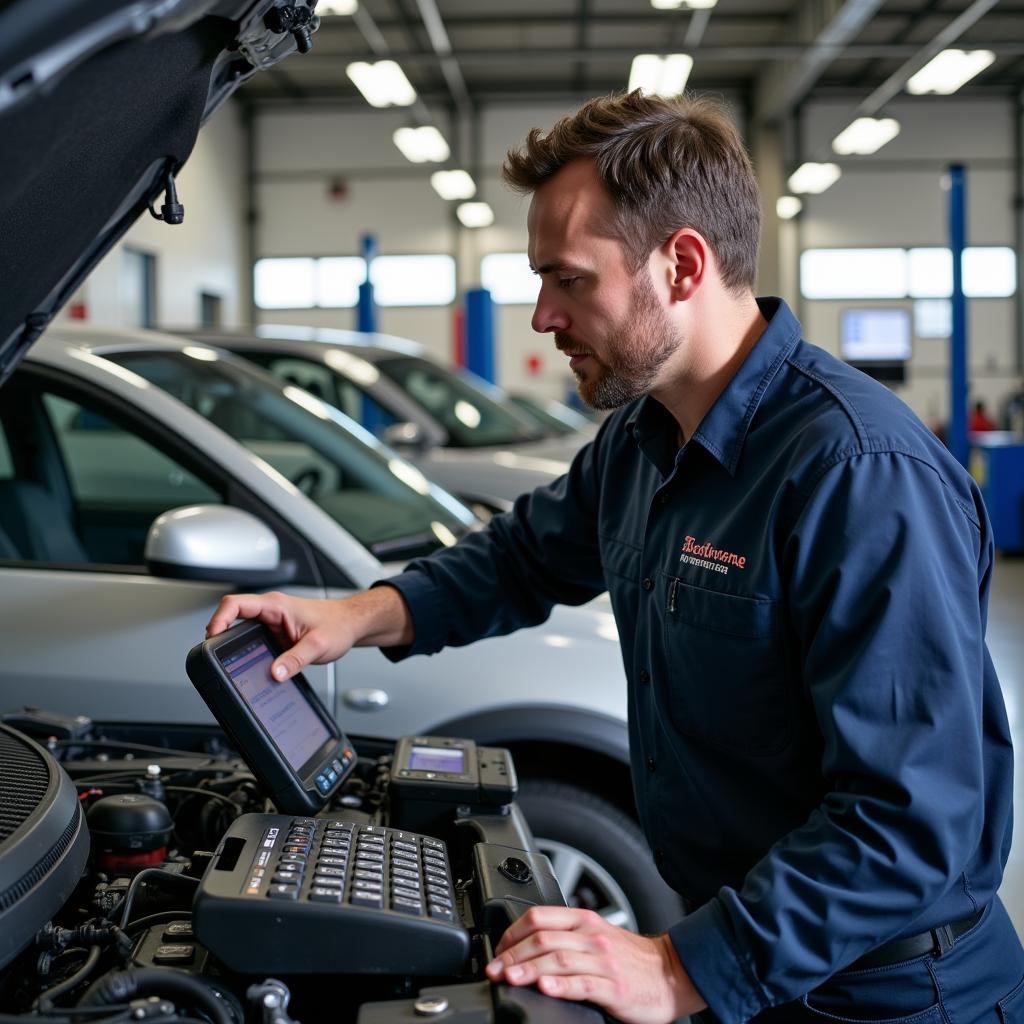 Certified technician working on a car in a Vienna auto service center