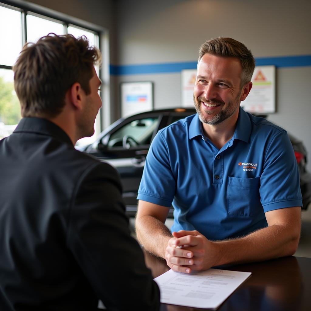 Auto Service Cullman AL: Friendly customer service representative discussing repair options with a customer.