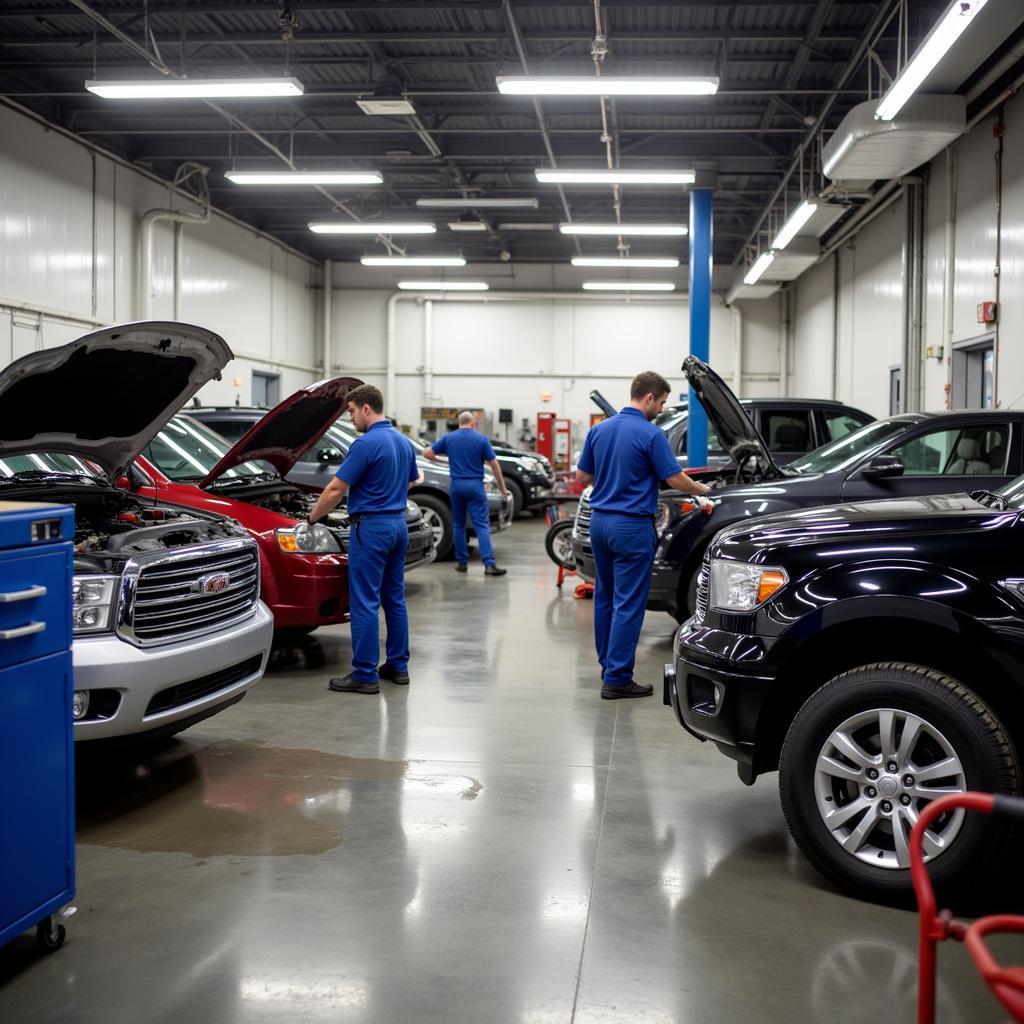 Auto Service Cullman AL: A busy auto repair shop with certified technicians working on various vehicles.