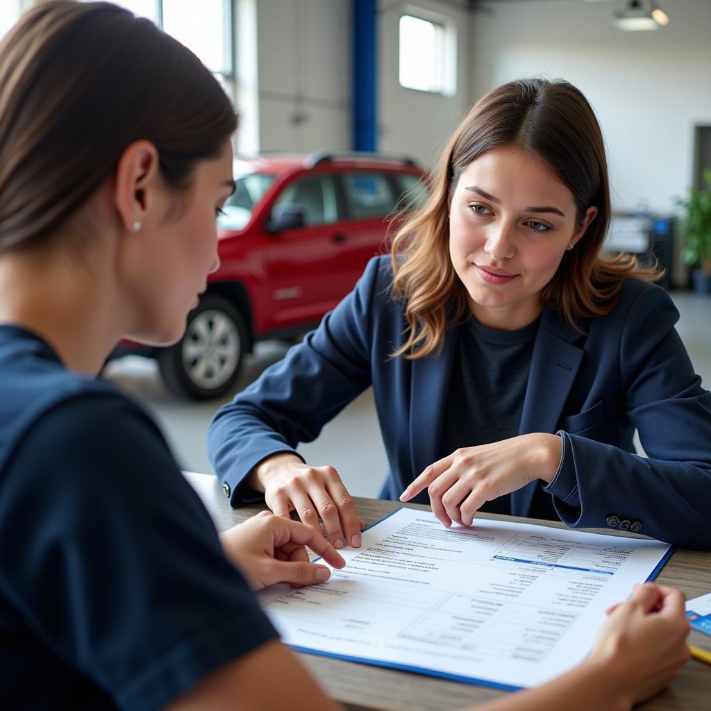 Customer receiving a quote from auto service advisor