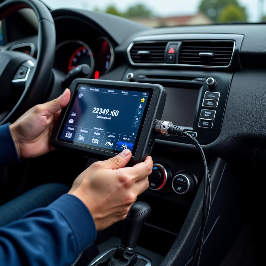 Mechanic using a diagnostic computer on a car