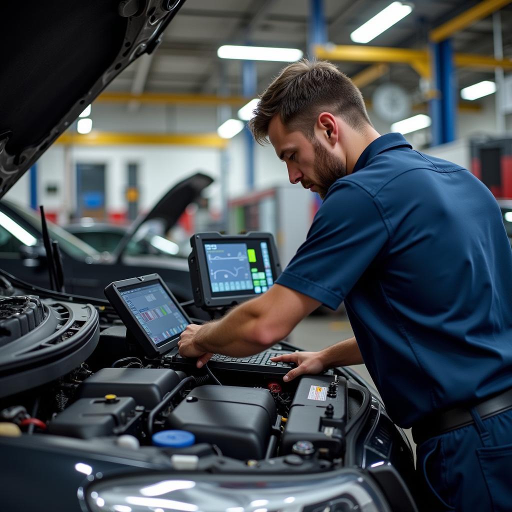 Mechanic Checking Car in Freehold Auto Service Shop