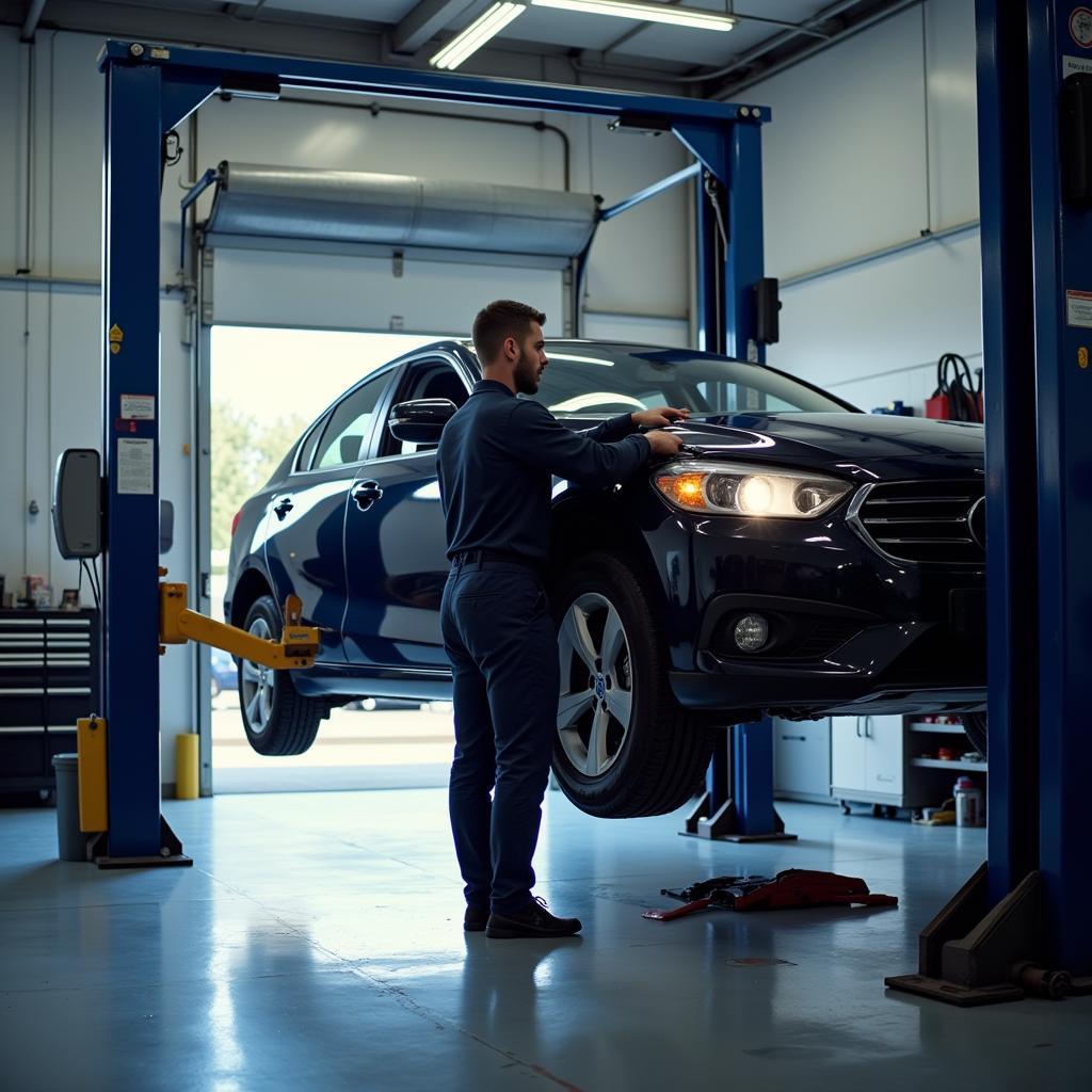 Car undergoing routine maintenance at an auto service center in Humble