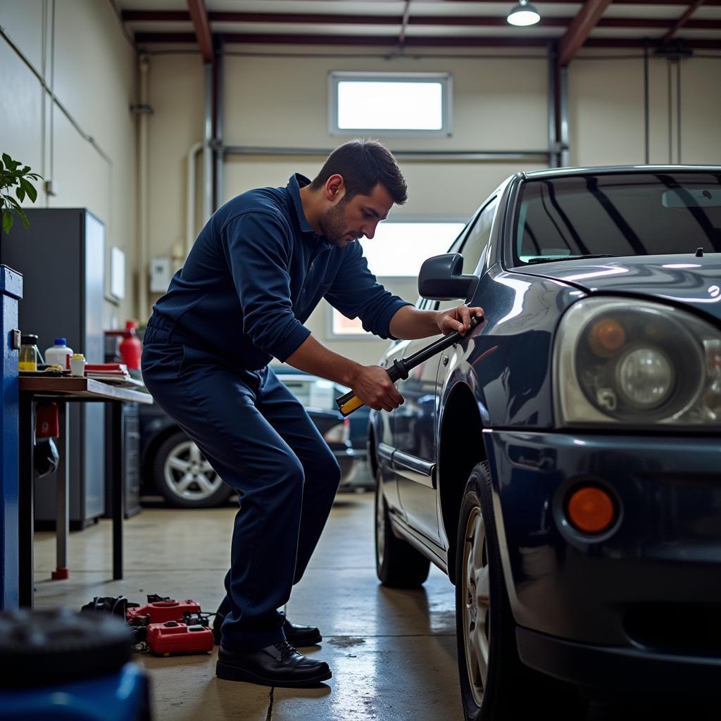 Mechanic working on a car in an auto service center in Iulius Constanta