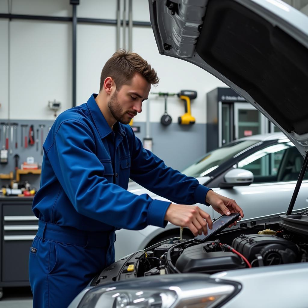 Mechanic working on a car in a Lafayette, CA auto shop