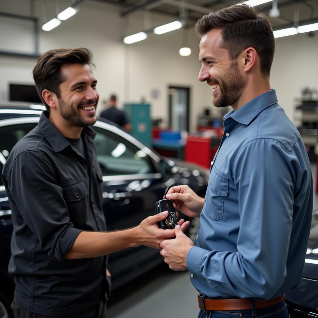 Satisfied Customer Receiving Car Keys at a Las Vegas Auto Shop